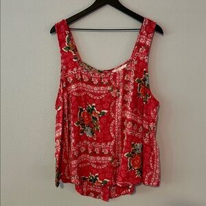 LC Lauren Conrad Floral Red High-Low Hem Square Neck Tank Top